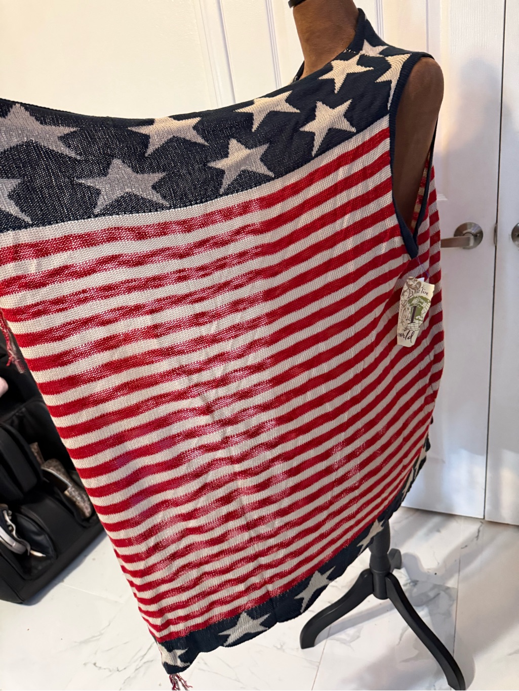 One World Red And White Striped Fringe Shawl With Navy Trim — image 3 of 7